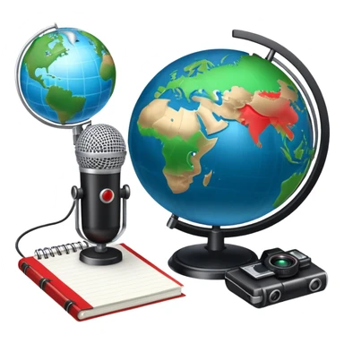 An icon showing a microphone, a notepad, and a camera, symbolizing journalism. The design includes a globe in the background, representing global news, and a breaking news banner for emphasis. Transparent background highlights the dynamic world of media and reporting. sticker