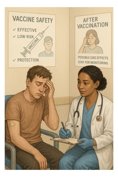 Vertical, educational medical illustration: a healthcare professional observes a patient who appears unwell after receiving a vaccine. The patient sits in a clinic chair, showing mild symptoms such as fatigue or headache, while the professional takes notes and offers reassurance. The background includes educational posters about vaccine safety and monitoring. realistica sticker