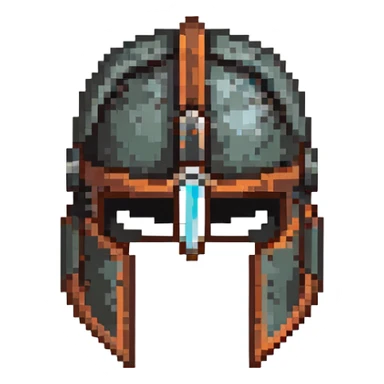 Ancient knight's helmet with light rust patina and worn appearance sticker