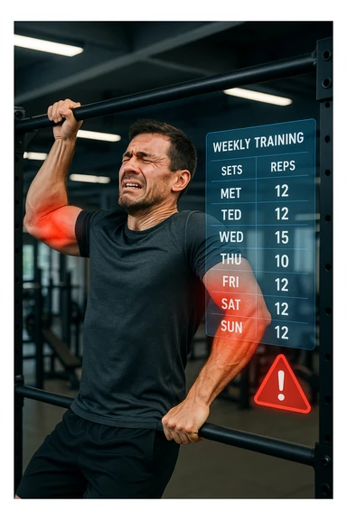 a man in gym attire performs pull-ups on a bar, with his elbows highlighted in bright red to indicate inflammation. A digital overlay shows a weekly training log with high numbers of sets and reps, and a warning icon appears next to the log. The man’s face shows pain and fatigue. The background is a modern gym, emphasizing the link between excessive training volume and injury. scritto in italiano sticker