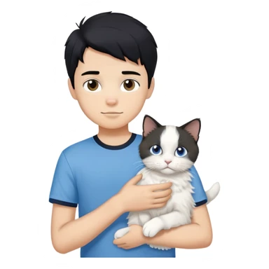 teenage boy with black hair wearing blue short sleeve shirt holding a white ragdoll cat sticker
