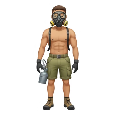A beefy man without a T-shirt, wearing only a gas mask and shorts, is leaning on  sticker