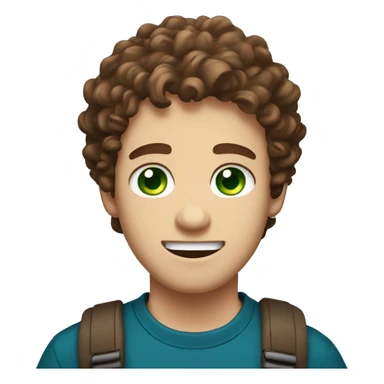 cute guy with green eyes, brown loose pretty curly hair, looking silly, white skin, wearing blue tshirt sticker