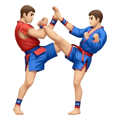 An icon symbolizing Sambo, featuring two fighters in blue and red kimonos with shorts and wrestling shoes. One executes a powerful throw, while the other attempts a defensive grab. The fighters are engaged in a grapple, using joint locks and sweeps.  sticker