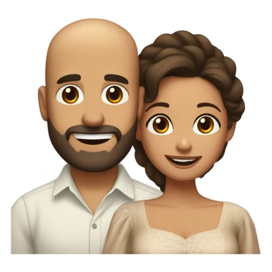 Brown-haired Puerto Rican woman with dark brown eyes wearing a cute blouse giving comforting hug to short, bald man with brown eyes, laugh lines, and a beard sticker