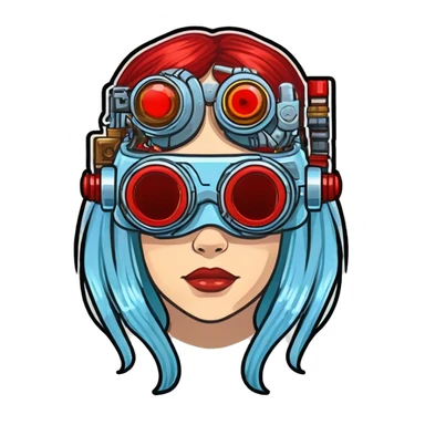 Light blue long hair female cyborg head with red steampunk goggles and circuits sticker