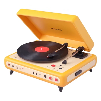 3D Disney Pixar-style record player, resembling Technics turntable, whimsical details, friendly animated look sticker