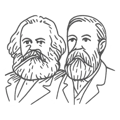 a black outline portrait of Karl Marx and Engels together based on a famous portrait of them, with eyes the same size sticker