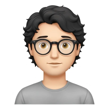 Young caucasian man with black wavy hair, round glasses, wearing a grey t-shirt sticker