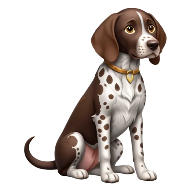 cinematic-[german pointer]-realistic-full-body-sitting-emoji,-tail-resting-loosely-beside-its-paws,-head-tilted-dramatically,-sleek-[brown and white spotten]-fur,-simplified-yet-realistic-focused-features,-highly-detailed,-glowing-with-an-almost-sarcastic-glow sticker