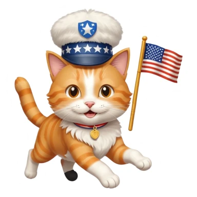 happy cat running for president with an "i voted" sticker and an american flag hat sticker