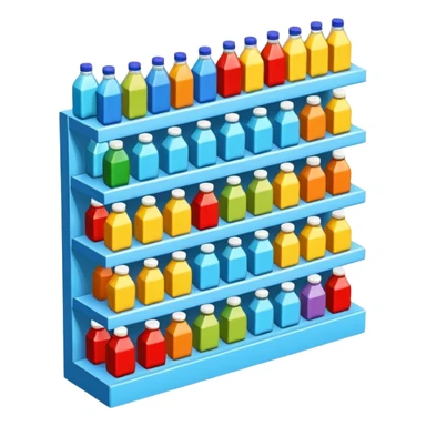 3D warehouse shelf with drinks bottles and products, 
organized retail shelves, colorful product packages, store inventory, 
transparent background, emoji style, realistic, isometric view sticker