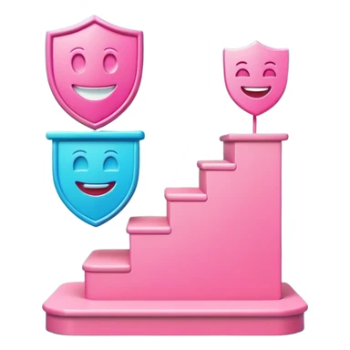 Minimalist 3D emoji-style podium with 2 steps on a green chroma key background. Step 1 (higher) features a handshake icon with blue neon glow. Step 2 (lower) features a smiling tooth with a shield icon and pink neon glow. Clean rendering, soft colors, uniform lighting. sticker