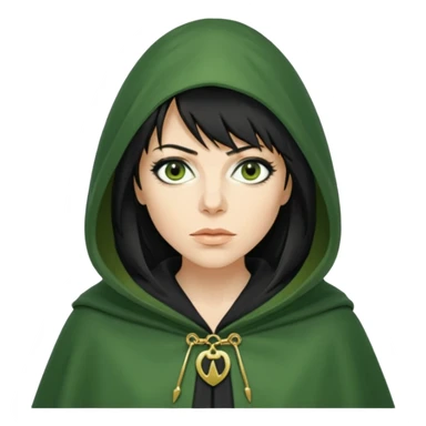 claudia winkleman as a traitor with a green hooded cloak with a gold clasp and dark strong black eyeliner sticker