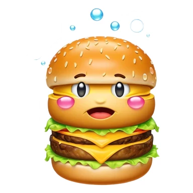 Yellow emoji eating burger with bubbles around it crying sticker