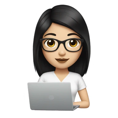 Create me a girl with a square cut, black hair, and square glasses and white skin with a laptop sticker