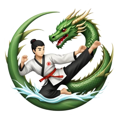 An icon symbolizing Eastern martial arts in the style of an emblem, featuring a black-and-white Yin-Yang symbol at the center and a powerful dragon wrapping around it. A martial artist is performing a fluid kick, surrounded by elements like a dojo and bamboo. Transparent background sticker