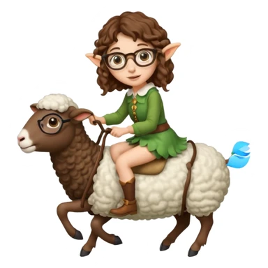 tiny forest elf woman brown wavy hair glasses riding a sheep sticker