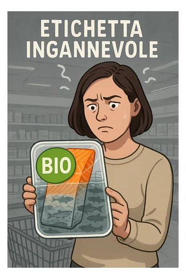 Scena in un supermercato moderno: uomo o donna tiene in mano una confezione di salmone etichettata 'BIO', con un grande bollino verde. Ma in trasparenza, dietro l’etichetta, si intravede un allevamento intensivo di salmoni in gabbie marine, acqua torbida e pesci ammassati. Espressione del cliente confusa e sospettosa. Sopra la testa, testo simbolico fluttuante: 'Etichetta ingannevole'. Colori contrastanti: confezione brillante ma realtà di fondo grigia e artificiale. Stile realistico con elementi simbolici forti sticker