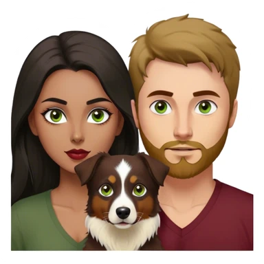 Thin white guy with beard and widows peak and green eyes and large pointy nose in olive green long sleeve AND One latina girl with long beautiful dark hair and dark eyes in a dark red v neck and makeup with her black tri colored  Australian shepherd large sticker