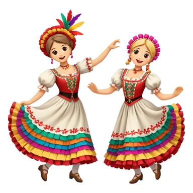 Cinematic Realistic Mazurka Dance Emoji, depicted as a lively traditional Polish folk dance scene with colorful costumes and spirited movement, rendered with dynamic textures and vibrant festive lighting that captures its rhythmic energy. sticker