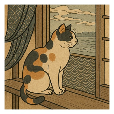 ukiyo-e style illustration of a cat sitting on a windowsill sticker