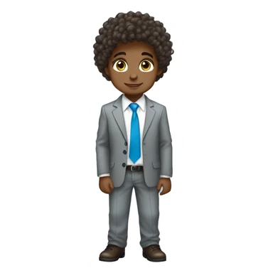 Little young  gentleman wearing a grey suit with white shirt and baby blue tie with blue eyes , black boy and brown curly hair and full body . Wearing a watch  sticker