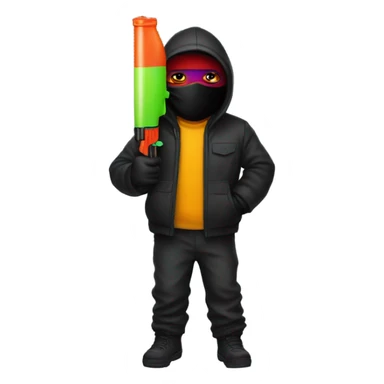 person with ski mask on wearing all black with a watergun sticker