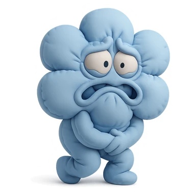 sky blue hydrangea flower with a twisted face and bulging eyes, holding its belly in a desperate toilet run, soft pastel shades, cushion style sticker