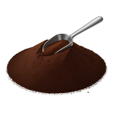 pile of ground coffee, rich dark brown, uneven surface, a few loose grains around, tiny metal coffee scoop partially placed in, clean minimal 3D, soft shadows, stylized for clarity, no packaging no cup no beans sticker