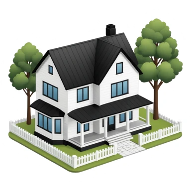 modern farmhouse with white siding and black trim, 3d isometric sticker