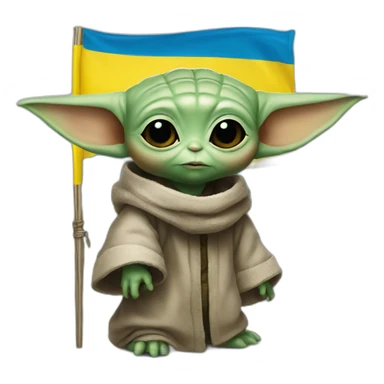 baby yoda holds Ukraine flag sticker