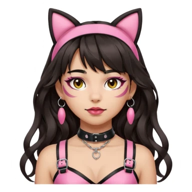 Add bangs to her hairstyle. Keep the makeup natural and minimal. Maintain light-medium Hispanic skin tone, long dark wavy hair, cat ears, and pink BDSM-inspired harness. Apple emoji style with transparent background. sticker