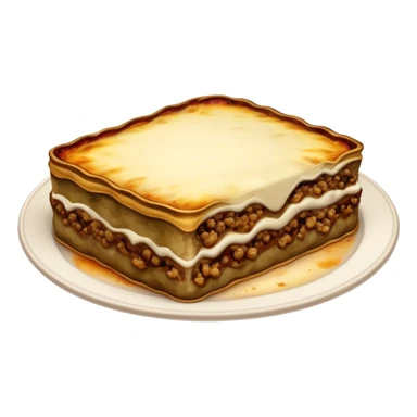 Moussaka Cinematic Realistic Moussaka Dish Emoji, depicted as a rustic serving of moussaka with layers of soft eggplant, ground meat, and a creamy topping featuring a delightfully crispy corner, rendered with rich textures and warm, inviting lighting. sticker