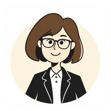 hand-drawn emoji-style avatar of a professional woman with glasses, short brown hair, and a blazer, smiling, clean minimal friendly look, soft color palette, plain or lightly colored background, modern vector startup website style sticker