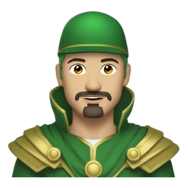man with green hair green suit and large green top with gold strip hat goatee green cape sticker