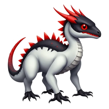 a white exotic edgy vernid-fionbr-Fakémon-creature, with black belly and red eyes, full body sticker