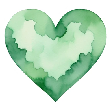 minimalist watercolor heart icon, monochromatic green washes, soft bleeding edges, on textured white paper, serene and emotional, perfect for app icon, transparent background, flat lay --style raw --stylize 150 sticker