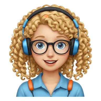 blond kid with unique face features and very curly hair kid girl happy and big glasess and big nose and very blue eyes with freckles kind of nerd looking and headphone wearing sticker
