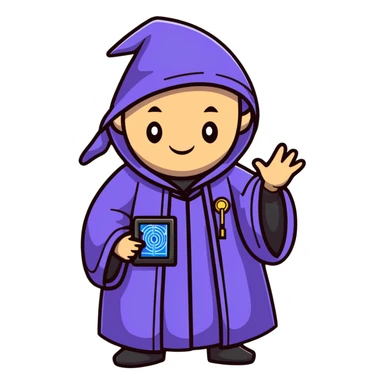 cartoonish tech wizard with circuit patterns on robe sticker