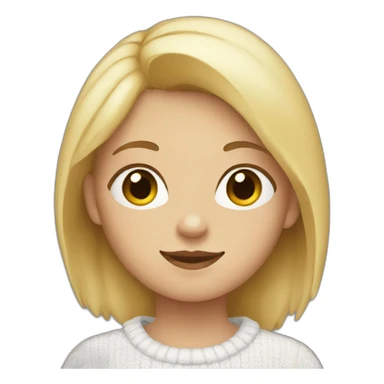 a girl with blond hair and a white sweater with a bear on it sticker