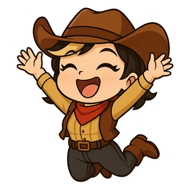 Sexy chibi cowgirl with short hair and a blonde streak, wearing a cowboy hat and western outfit, no guns. Chibi/anime style, transparent background, sized for Twitch or Discord use. Pose: jumping in the air, arms up, big excited grin. sticker