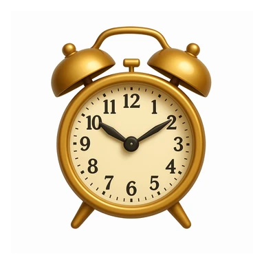 Create an alarm clock emoji that looks exactly like the reference image in iOS emoji style. The emoji should be 3D with shiny, smooth gradients, soft shadows, and a realistic classic alarm clock shape with the classic emoji look. Add a glossy effect to the clock body. sticker