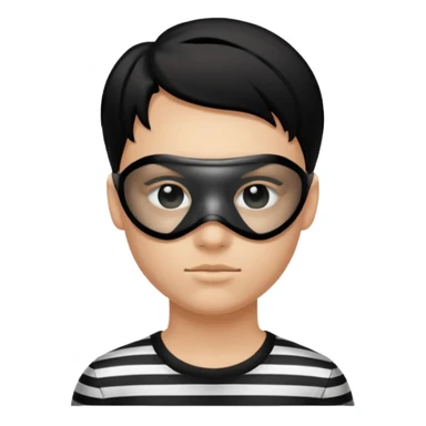 Realistic ios emoji-style portrait of a classic burglar, a black eye mask and a black-and-white striped shirt. Highly detailed, natural skin texture, soft cinematic lighting, realistic shadows, smooth gradients, clean outline, glossy reflections in the eyes.  sticker