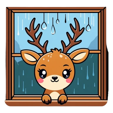 The deer looks sadly out the window in the rain. sticker