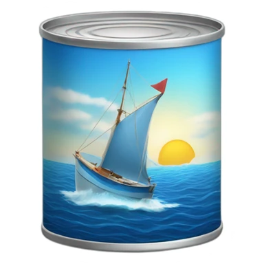 Realistic small can of tuna showing the blue shape of a sailling boat on a sea background sticker