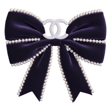 elegant velvet bow with pearls and silver Chanel logo, glossy, black and white, 3D emoji style sticker