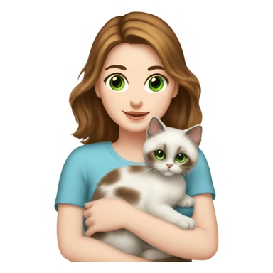 white woman with medium-length brown hair, green eyes and freckles on her nose, holding her birman kitten in her arms with much love, the baby cat has blue eyes, a lot of spots of dark on ears and middle of the face. sticker