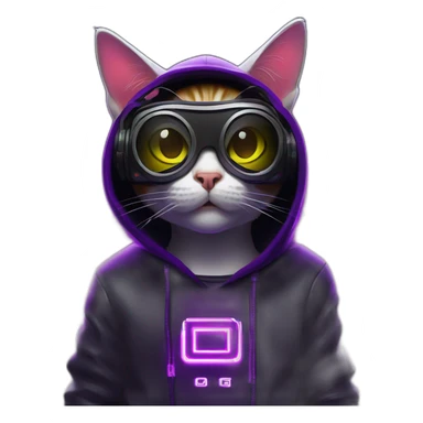 cat wearing a black hoodie with "OMG" letters on it and VR headset in a cyberpunk VR environment with violet neon lighting. sticker