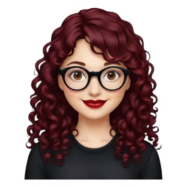 nữ 35 tuổi, da trắng,mặt tròn, môi đỏ thẫm, tóc dài xoăn, tóc mái 1/3, đeo kính đen, cười tươi sticker